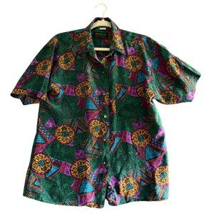 Vintage Razzo Geometric Print 100% Silk Button-Up Shirt Mens Medium Multicolor